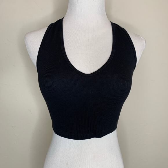 Zara Black Crop Top V Neck Sz Small Ribbed Racerback - Picture 1 of 8